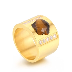 18K gold plated stainless steel wide ring featuring a brown gemstone and side crystal accents