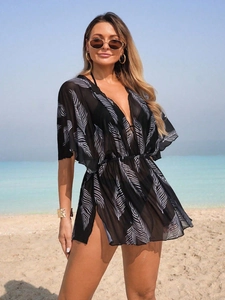Women Floral Print Chiffon Beach Cover Up V Neck Lace Up Short Sleeve Semi Transparent Summer Resort Swimwear Kaftan