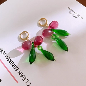 French vintage style cherry drop earrings with red glazed beads and green leaves