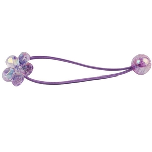 Elastic purple camellia hair tie with iridescent flower and crackle glass beads on white base