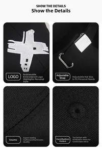Macro views showing white cross embroidery and adjustable metal strap on black baseball cap