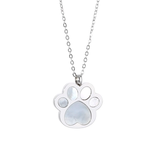 Minimalist silver stainless steel necklace with mother of pearl cat paw print pendant