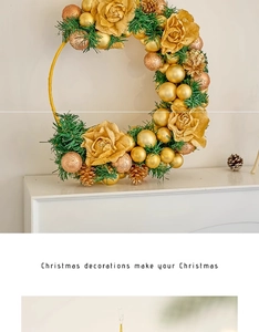 Close-up of golden Christmas wreath with roses, pine cones and needles on fireplace