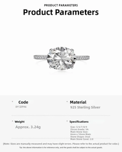 Detailed spec sheet showing 2.0ct oval 5A zircon and S925 sterling silver ring parameters