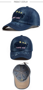 Three-way view of blue washed denim baseball cap with yellow stars and resort embroidery