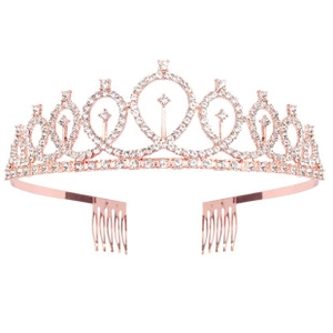 Detail of rose gold bridal crown with crystal rhinestones and secure metal combs