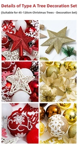 Detail view of red and gold Christmas tree ornaments including snowflakes and glitter flowers