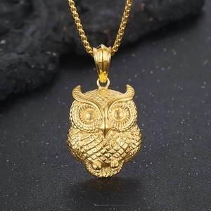 Gothic punk gold owl pendant necklace in polished stainless steel with box chain