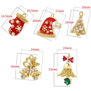 Christmas themed gold plated alloy charm set including santa hat and bells with dimensions