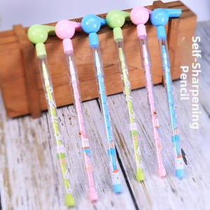 Close-up of non-sharpening pencils with cute cartoon bunny patterns in macaron colors