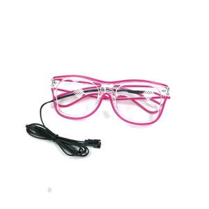 Detailed view of LED party glasses with pink frames, clear lenses, and power connector cord