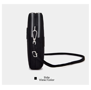 Vue latérale du petit sac de téléphone en nylon avec double zip et détails argentés
