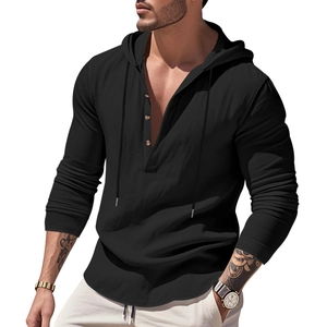 Detail of black linen hoodie shirt with three-button Henley collar and drawstring hood