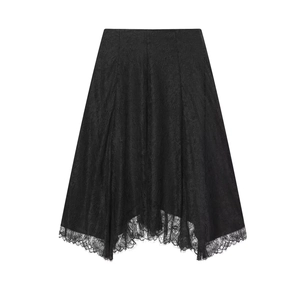 Women's black lace midi skirt featuring an irregular hemline and elegant floral mesh