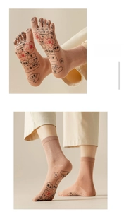 Detail of five-toe acupoint massage socks in pink showing foot reflexology map