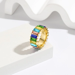 Chic gold band ring with geometric rainbow baguette-cut cubic zirconia in a modern setting