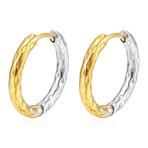 Minimalist two-tone twisted stainless steel hoop earrings with gold and silver hammer texture