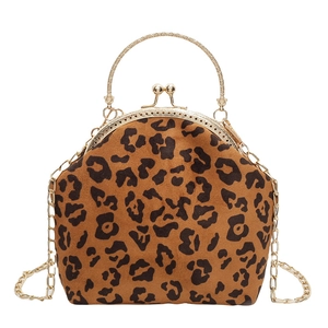 Vintage leopard print shell bag with gold metal frame and chain strap for women