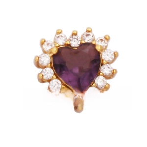 Macro shot of heart-shaped purple zircon earring with gold plated micro-pave setting