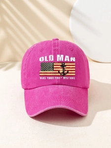 Detail of distressed pink washed cotton baseball cap with American flag and anchor graphic
