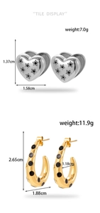 Tile display showing dimensions and weight of C-shaped and heart-shaped stud earrings