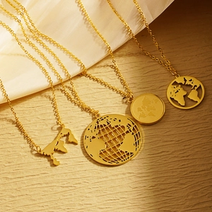 World Map Pendant Necklace Stainless Steel Minimalist Travel Jewelry Gift For Women And Men Gold Plated