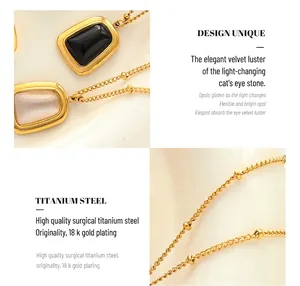 Macro detail of 18K gold plated titanium necklace featuring square cat eye stone pendants