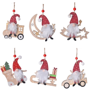 Set of six wooden Christmas gnome ornaments with red hats and white plush beards for decor