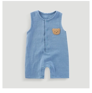 Detail of light blue baby romper featuring soft gauze fabric and a cute bear patch