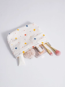 Polka dot canvas makeup bag with colorful spots and top zipper for women cosmetic storage