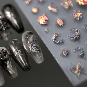 Stereoscopic 3D aurora laser nail stickers with moon and star patterns on dark nails
