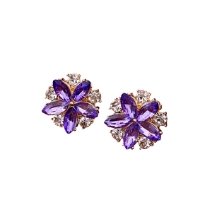 Exquisite flower stud earrings with purple marquise petals and clear rhinestones on gold
