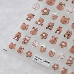 3D embossed nail art stickers featuring cute cartoon bears, rabbits and floral patterns