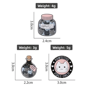 Detailed size chart for cat skeleton enamel pins with weight and length measurements