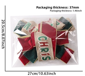 Detailed size view of red and green velvet Christmas bow in clear packaging