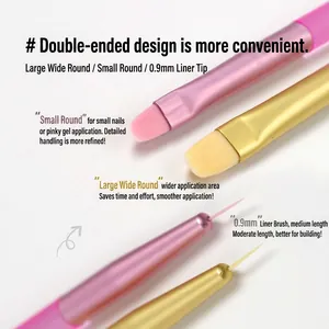 Dual-ended pink nail art brushes with round and 0.9mm liner tips for gel application