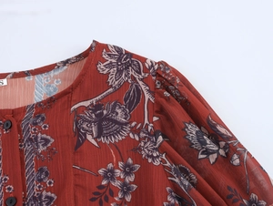 Detail of round neckline and floral print on red short sleeve summer maxi dress