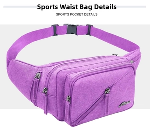 Detail view of purple sports waist bag showing multiple zipper pockets and buckles