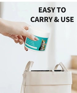 Portable pet eye wipes in a 100pcs jar being placed in a bag for easy travel use