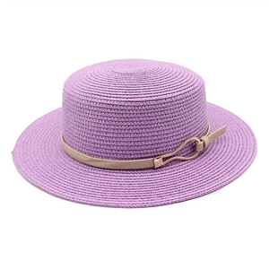 Deep purple boater straw hat with flat top and beige leather strap with gold buckle