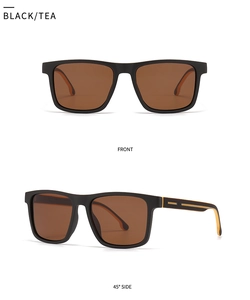 Front and side view of matte black square TR sunglasses with dark tea lenses