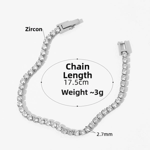 Detail of 2.7mm zircon tennis bracelet in stainless steel with 17.5cm chain length