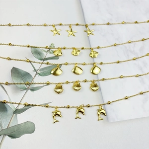 Gold Plated Stainless Steel Marine Pendant Necklace For Women Starfish Dolphin Shell Fish Charm Bead Chain Summer Beach Jewelry