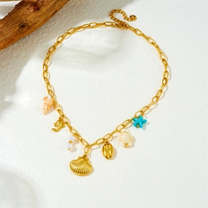 Gold-plated stainless steel chain necklace with blue starfish and seashell ocean charms