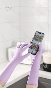 Touchscreen compatible purple long nitrile gloves for kitchen cleaning and home tasks