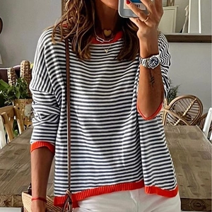 Pull En Maille Raye Pour Femmes En Acrylique Bordure Cotelee Contrastee Col Rond Manches Longues Top Decontracte