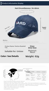 Size chart showing breathable mesh baseball cap dimensions and head circumference guide