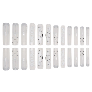 Long coffin press-on nails set with silver glitter gradient, butterfly art, and tiny rhinestones