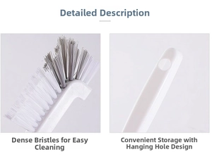 Detail showing dense cleaning bristles and handle hanging hole for easy storage