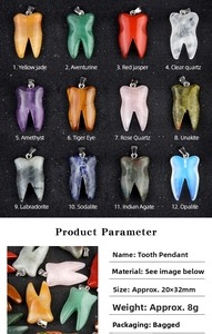 Macro detail of 20x32mm natural crystal agate tooth-shaped pendants in 12 materials